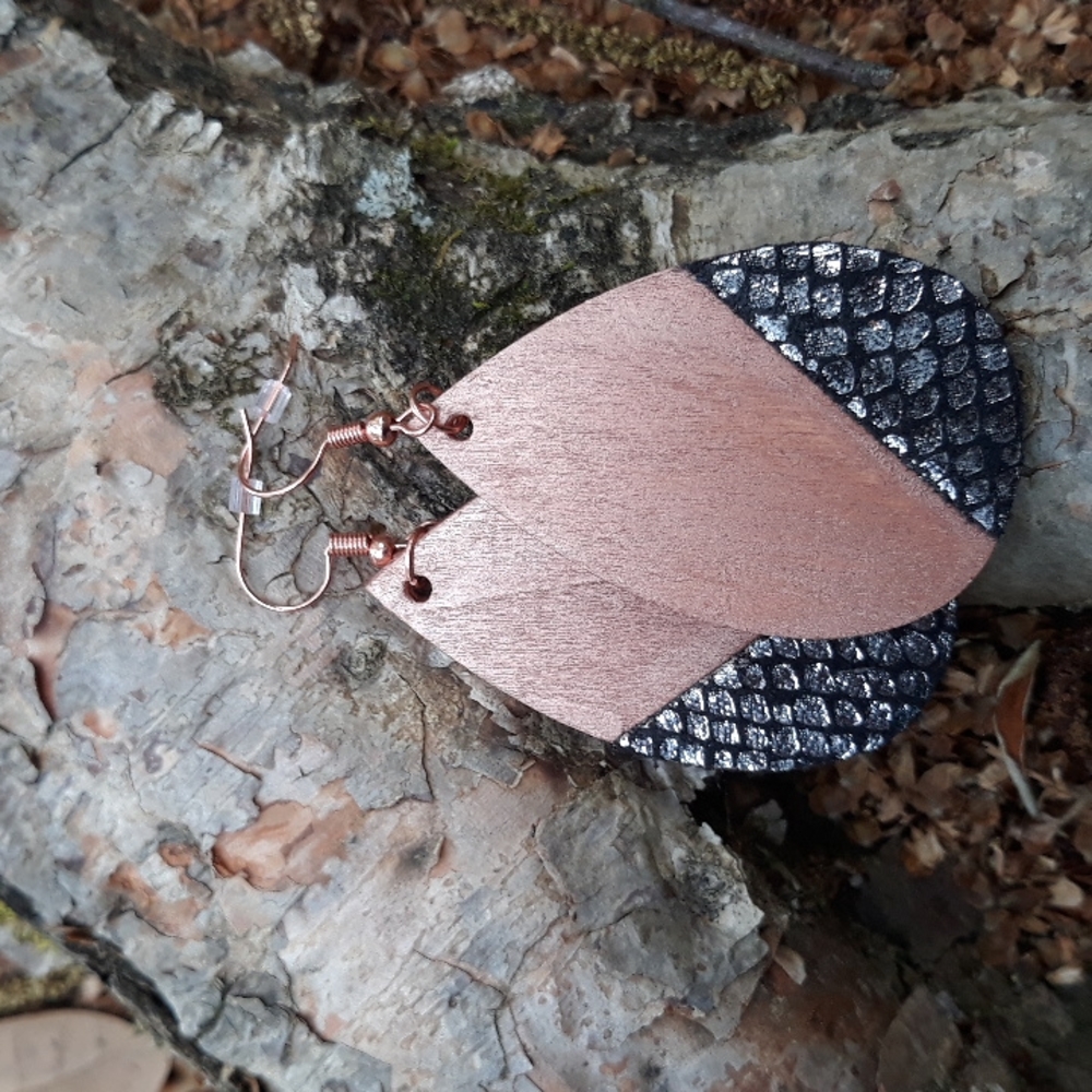 Wood/ Teardrop Statement Earrings w/ Exotic Print Faux Leather Detail - Picture 4 of 8